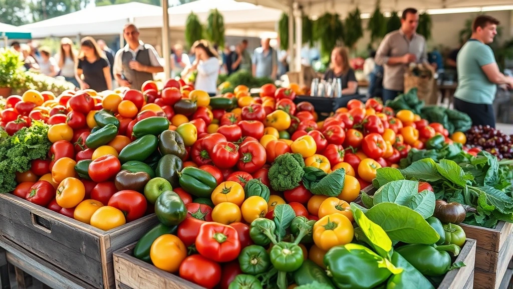 Vibrant farmers market stall overflowing with fresh heirloom tomatoes, colorful bell peppers, and leafy greens in wooden crates, customers examining produce, morning sunlight, outdoor market setting, professional food photography style