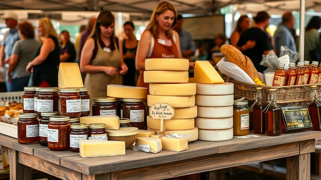 Artisan vendor at farmers market stand displaying handmade cheese wheels, jars of preserves, fresh baked sourdough bread, and honey bottles on rustic wooden table, warm market atmosphere, community interaction, natural lighting