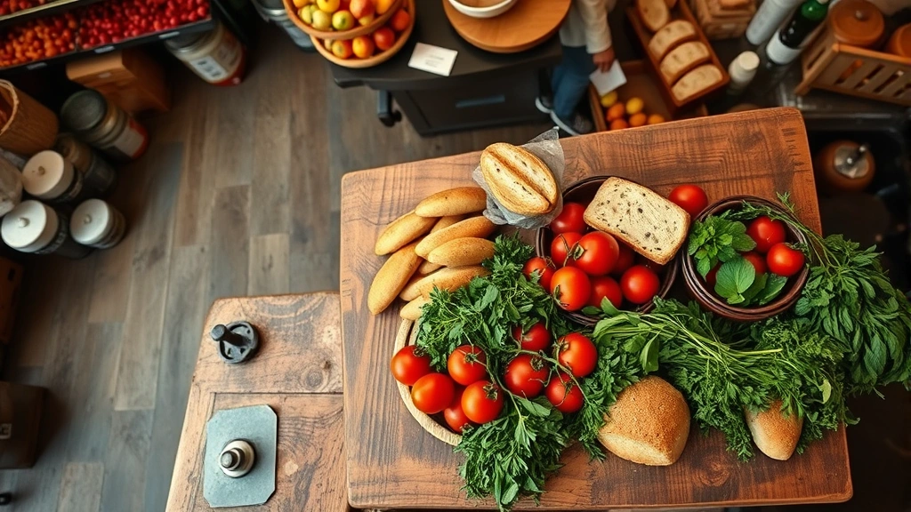 Professional overhead shot of rustic wooden counter with fresh ingredients—tomatoes, herbs, bread—in a bustling historic market kitchen setting, warm natural lighting, no signage or text visible