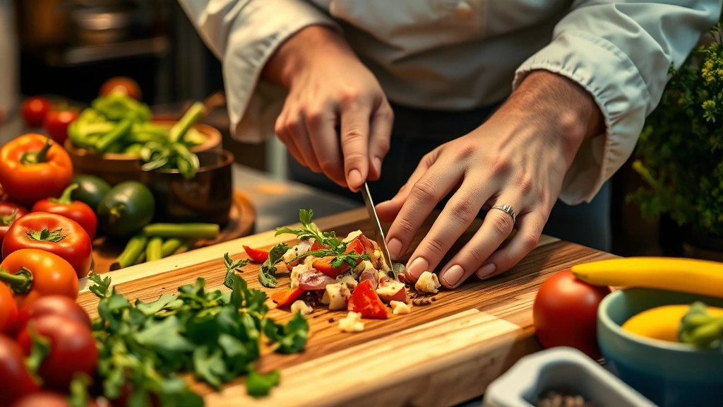 Close-up of chef's hands preparing fresh food on a wooden cutting board surrounded by seasonal vegetables and local market produce, warm kitchen lighting, professional food photography style without visible menu boards