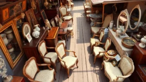 Overhead view of vintage French furniture pieces displayed on wooden market stalls with natural sunlight, showcasing ornate chairs and decorative items at an outdoor European flea market