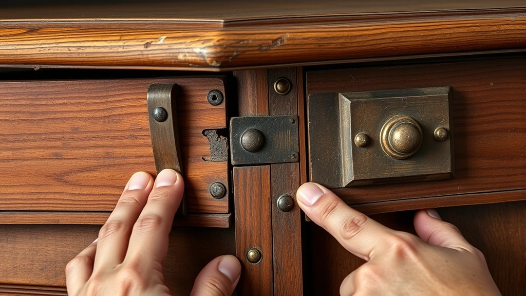 Close-up detail of antique wooden furniture construction showing joinery, hardware, and period-appropriate finishes, hands of collector examining craftsmanship details