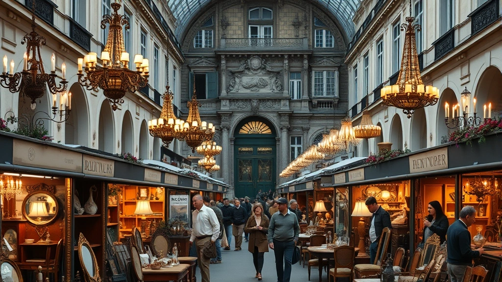 Wide establishing shot of crowded Parisian flea market with multiple vendor stalls, vintage chandeliers, furniture displays, and collectors browsing merchandise among historic architecture