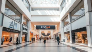 Professional photograph of a modern retail plaza entrance with clean architecture, multiple storefronts visible, customers walking through common areas, bright natural lighting, contemporary urban retail setting
