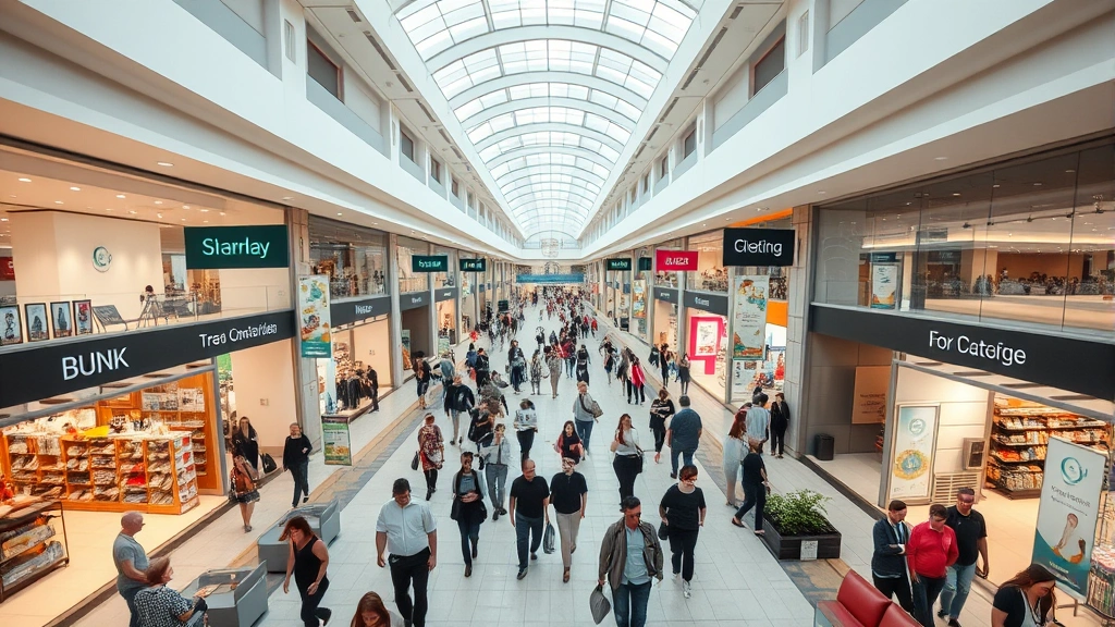 Wide-angle view of a busy retail plaza interior showing diverse shoppers browsing stores, clean corridors with good lighting, comfortable seating areas, professional signage, vibrant commercial atmosphere