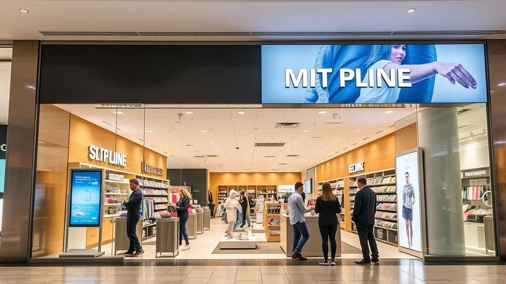Photograph of a retail plaza tenant storefront area showing modern retail displays, digital signage, customer service interactions, professional merchandising, contemporary shopping environment with professional atmosphere