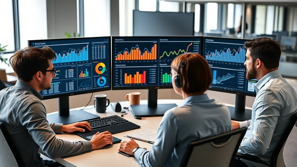 Professional team of digital marketers analyzing campaign performance data on multiple computer monitors in a modern office environment, displaying analytics dashboards and growth charts, collaborative workspace with notebooks and strategy documents