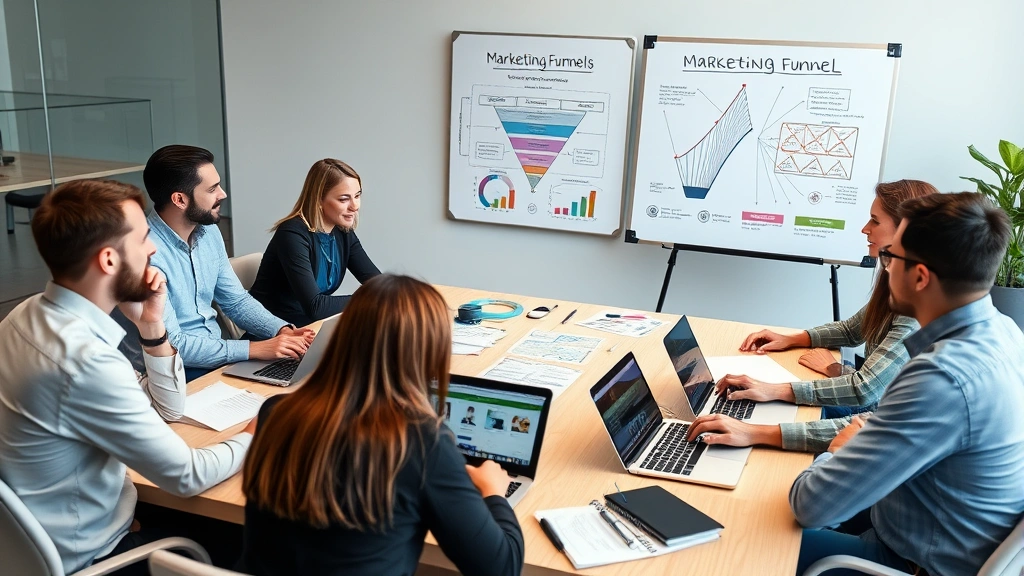 Diverse group of marketing professionals brainstorming around a conference table with laptops, whiteboards showing marketing funnels and customer journey maps, colorful strategy sketches and performance metrics visible