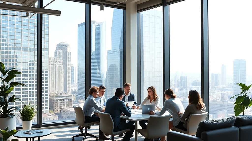 Professional business meeting in modern office space with floor-to-ceiling windows overlooking Chicago cityscape, contemporary furnishings and collaborative workspace design, diverse team members working together, natural sunlight, contemporary office aesthetic