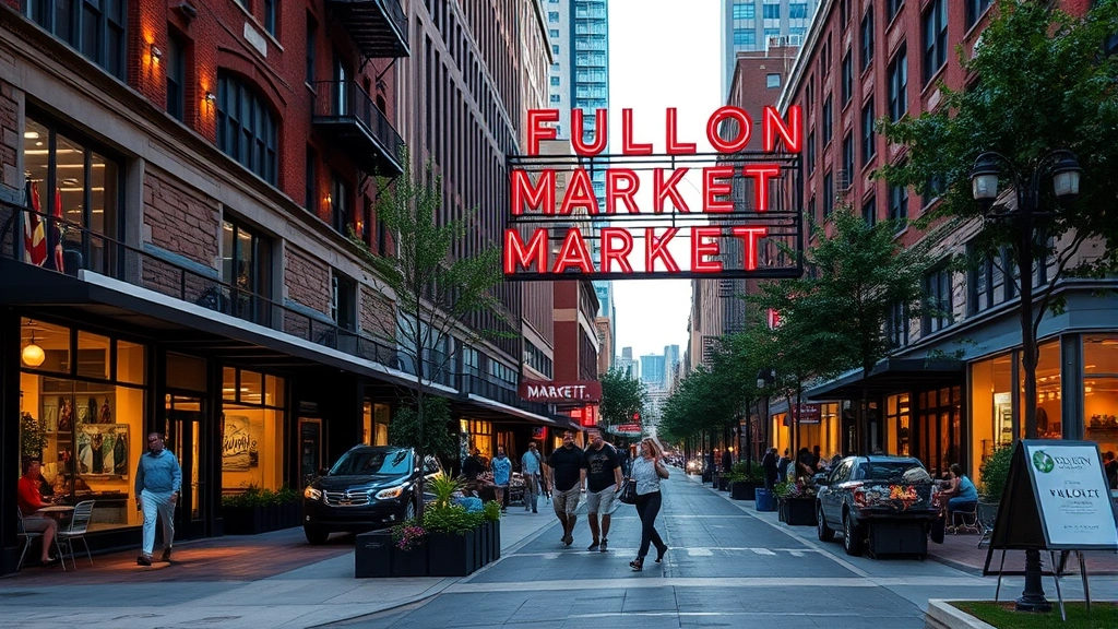 Ground-level street view of Fulton Market showing pedestrians walking past contemporary retail storefronts and restaurants, outdoor seating areas with people dining, mixed architectural styles blending historic and modern, vibrant urban scene with trees and landscaping, evening ambiance with warm lighting