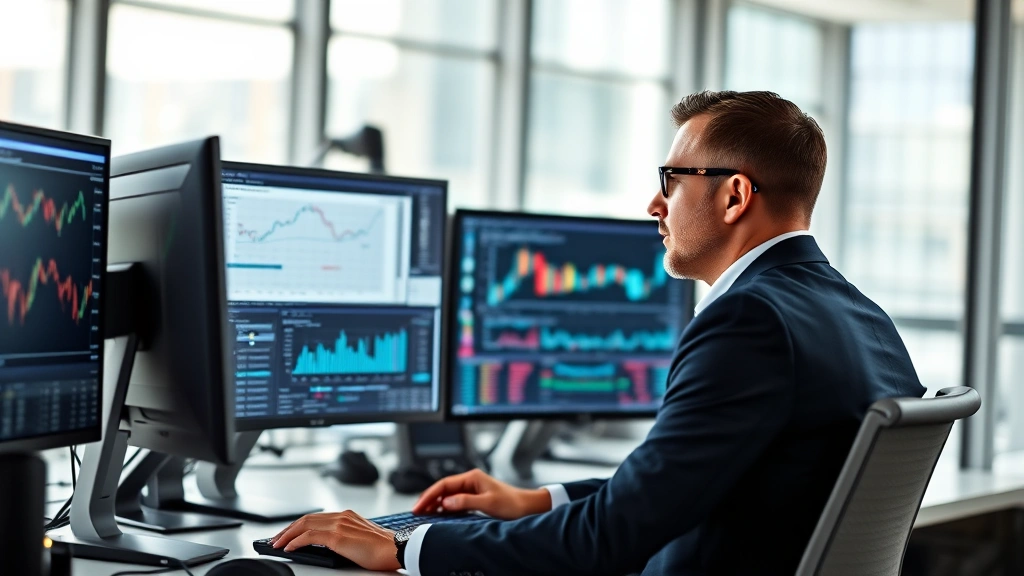 Professional economist analyzing market data on multiple computer monitors in modern office setting, displaying charts and graphs, focused expression reviewing financial reports and market trends