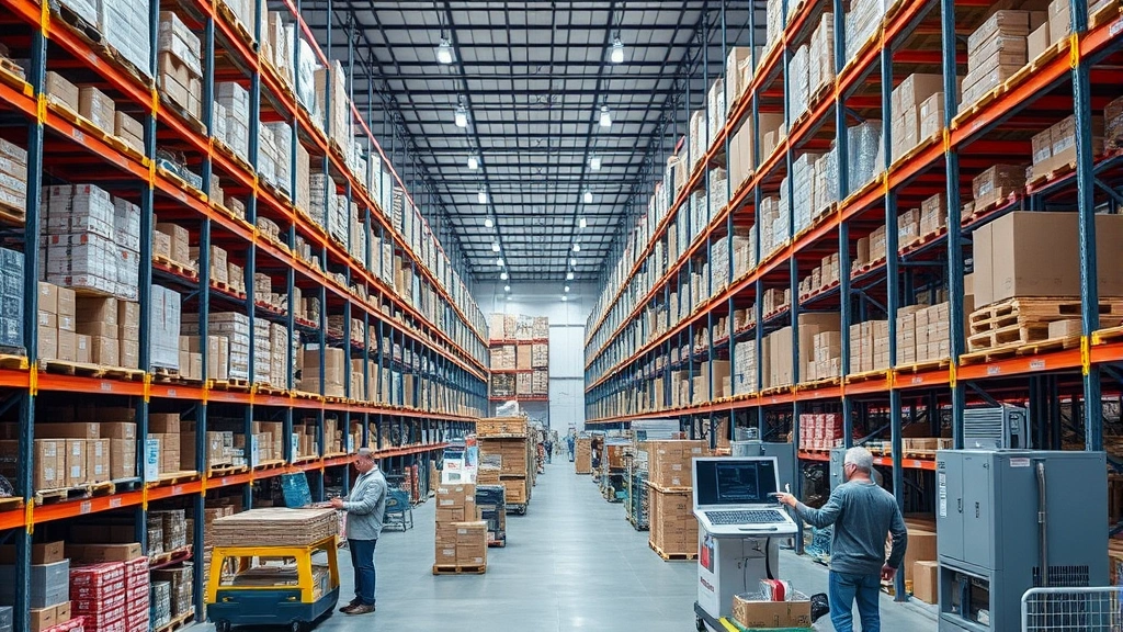 Busy modern warehouse with organized inventory shelves, workers scanning products, automated systems operating, showcasing efficient supply chain and logistics operations in contemporary fulfillment center