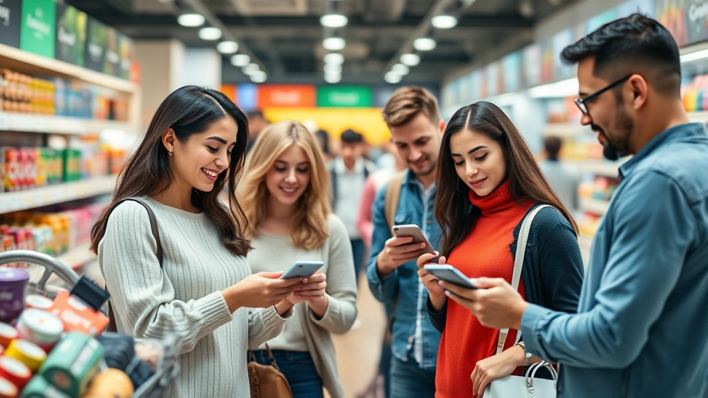 Diverse group of consumers shopping in contemporary retail environment, examining products, using mobile devices, paying at checkout, representing omnichannel shopping experience across demographics