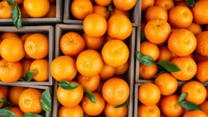 Professional overhead shot of fresh, vibrant oranges arranged in wooden crates at a modern farmers market, bright natural lighting highlighting the citrus texture and color gradient