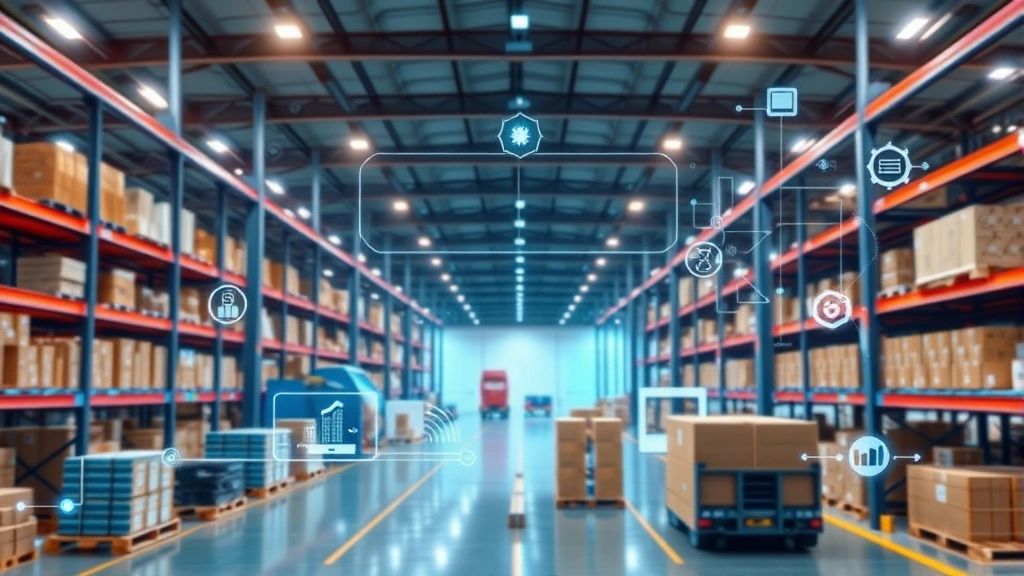 Digital supply chain visualization showing warehouse logistics and distribution network with modern technology interfaces, professional business environment with clean backgrounds