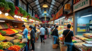 Bustling indoor oriental market with vendors displaying colorful fresh produce, dried herbs, and specialty ingredients on shelves and stands, diverse customers shopping with baskets