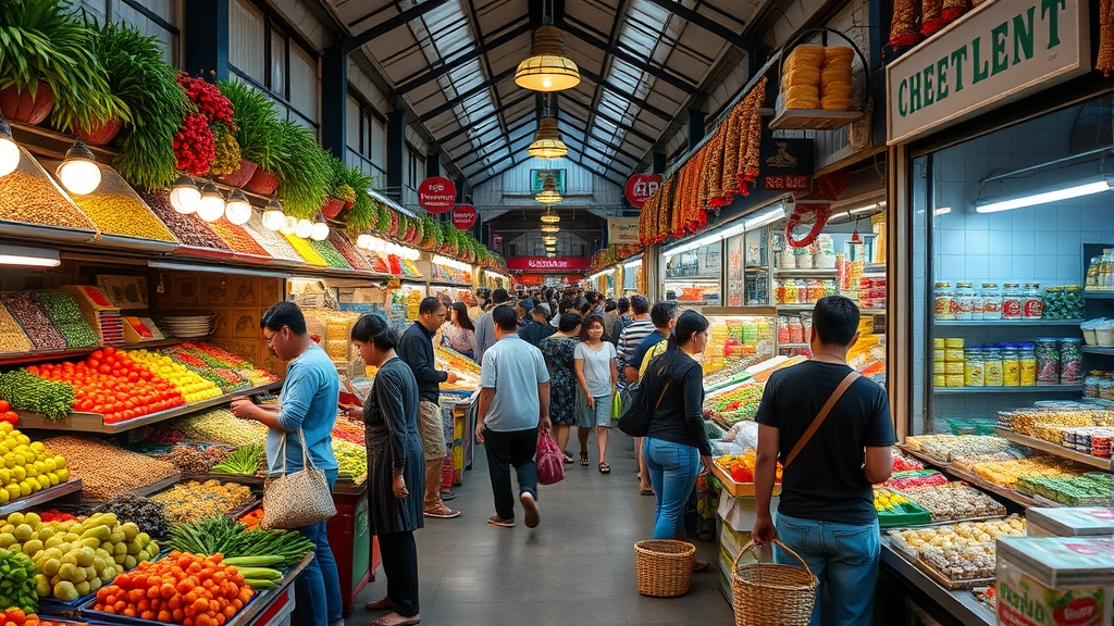 Bustling indoor oriental market with vendors displaying colorful fresh produce, dried herbs, and specialty ingredients on shelves and stands, diverse customers shopping with baskets