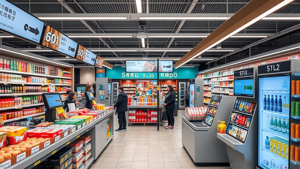 Modern oriental supermarket checkout area with digital payment systems, self-service kiosks, and organized product displays featuring both traditional and contemporary items