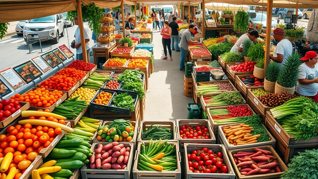 Wide angle overhead shot of vibrant farmers market vendor stalls with diverse fresh produce displays—colorful tomatoes, peppers, greens, and root vegetables in wooden crates and baskets, customers browsing in morning sunlight, natural market atmosphere