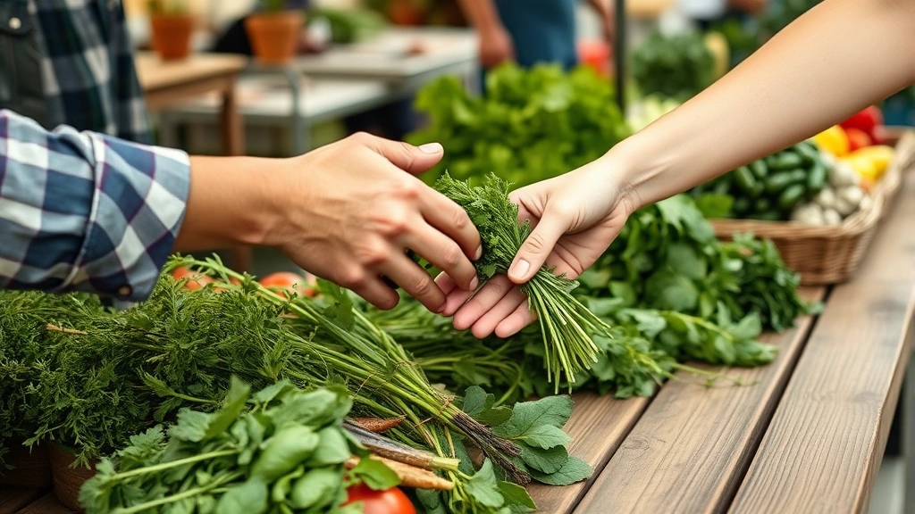 Close-up of farmers market vendor interaction—hands exchanging fresh picked herbs and vegetables over wooden market table, genuine customer-vendor conversation, authentic direct commerce moment, natural lighting highlighting produce quality
