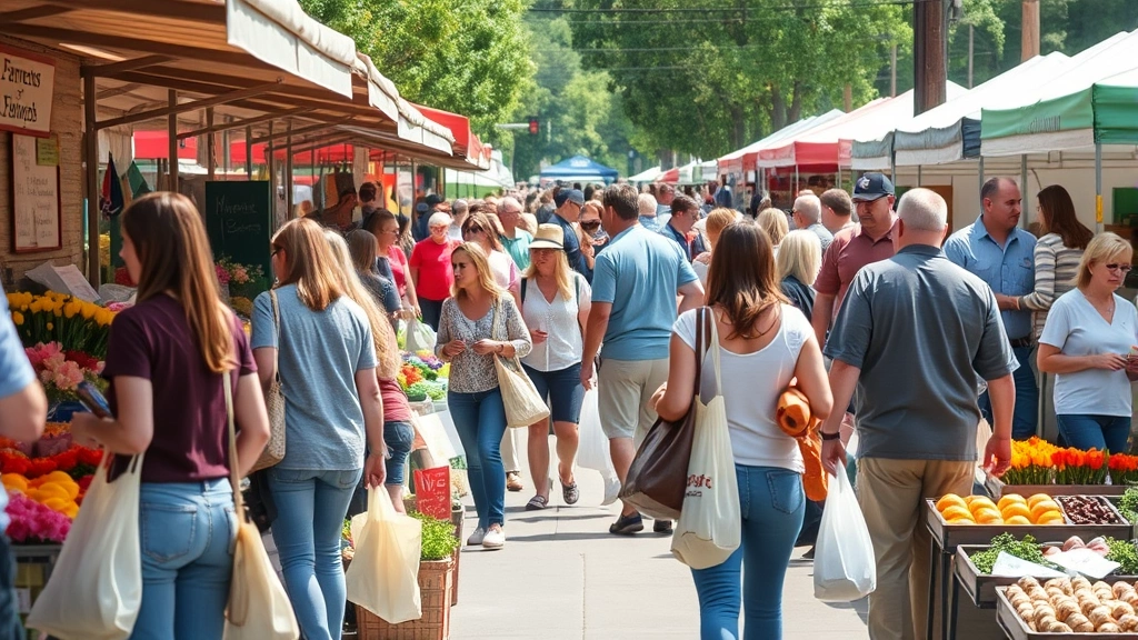 Bustling farmers market scene showing multiple vendor booths with shoppers carrying reusable bags, diverse community gathering, fresh flowers and prepared foods visible, community atmosphere and economic activity