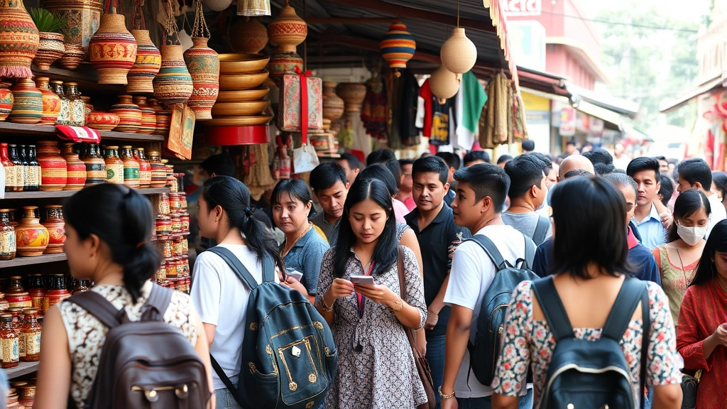 Diverse international travelers exploring local market with colorful traditional goods, authentic cultural interaction, natural daylight, candid genuine moments, no text or signage visible, vibrant atmosphere