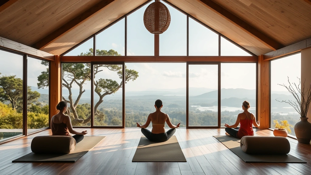 Wellness retreat setting with yoga studio overlooking natural landscape, peaceful meditation space, healthy lifestyle environment, serene atmosphere, professional photography, no people visible, architectural focus