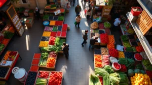 Overhead wide-angle shot of a bustling farmers market with colorful produce displays, vendors arranging vegetables and fruits, shoppers browsing stalls, natural morning sunlight illuminating the scene, diverse selection of fresh goods visible