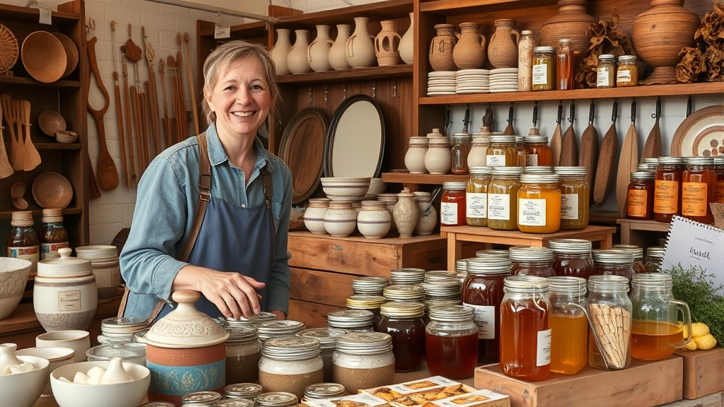 Close-up of artisanal vendor stall displaying handmade crafts, pottery, honey jars, and specialty foods with rustic wooden displays, vendor smiling while arranging products, warm natural lighting highlighting quality items