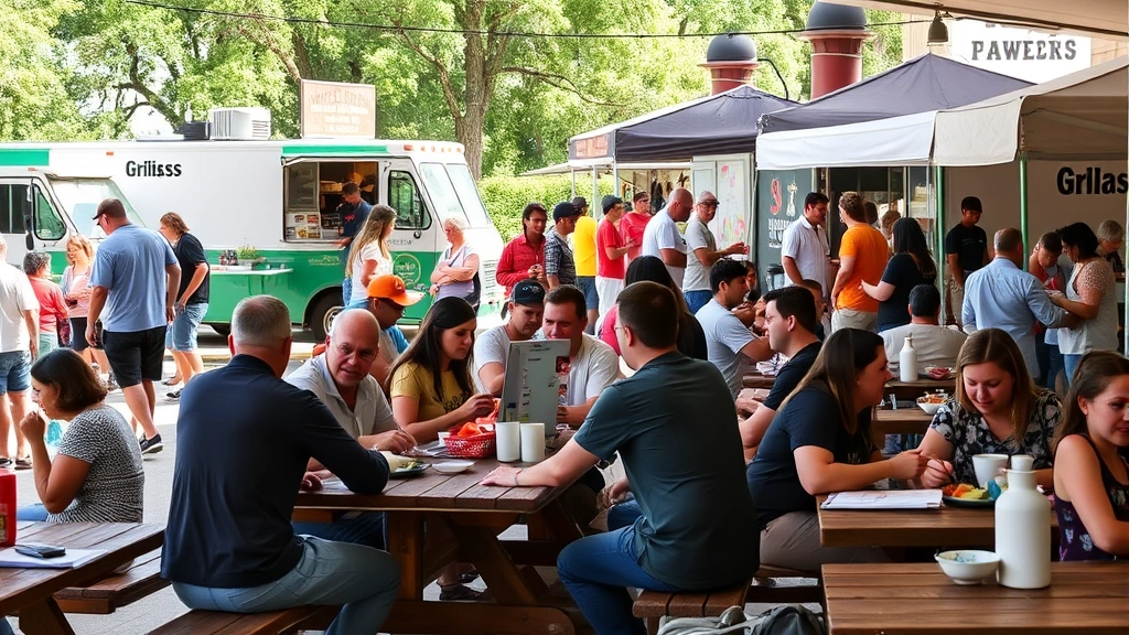 Casual outdoor dining area at farmers market with customers enjoying food from vendor stalls, picnic tables with people eating, food trucks in background, community atmosphere with natural daylight, families and groups socializing