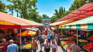 Overhead perspective of vibrant outdoor farmers market with colorful vendor tent canopies, diverse shoppers browsing multiple produce and craft stands, bright natural lighting, clear sunny day, community gathering atmosphere
