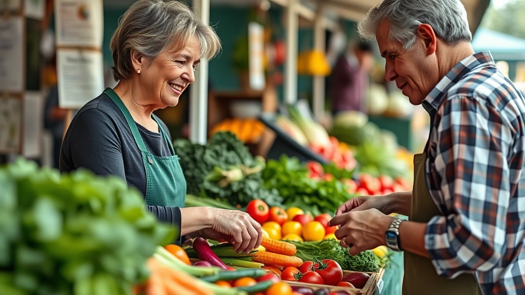 Close-up of vendor interaction showing customer examining fresh seasonal vegetables at market booth, vendor smiling and pointing to products, natural lighting highlighting produce colors, genuine community commerce moment