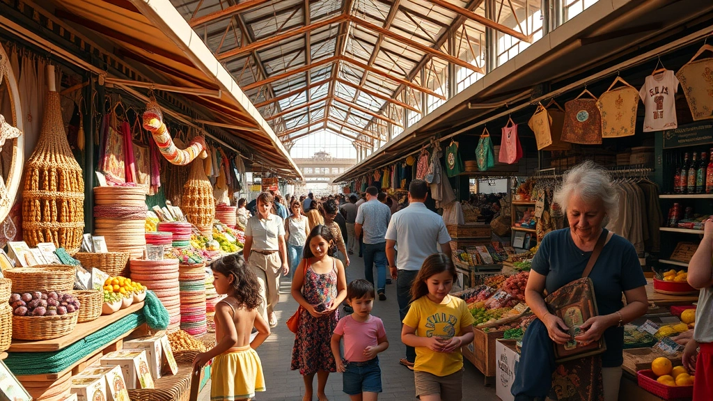 Wide angle view of bustling market scene with families shopping, children exploring, vendor booths displaying artisanal goods and fresh products, diverse community members engaged in transactions, warm natural lighting, vibrant market energy