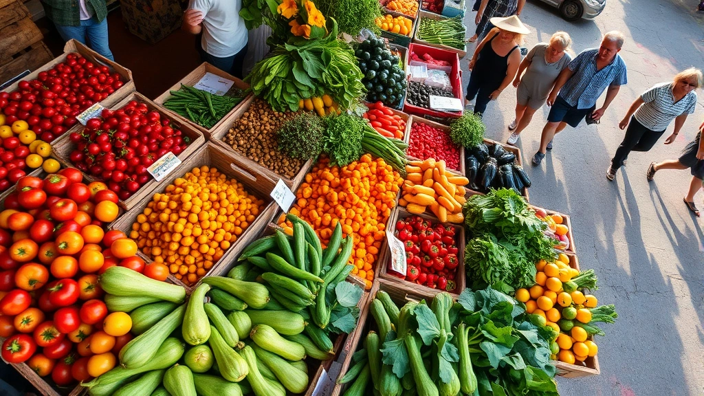 Overhead view of vibrant farmers market stall with colorful fresh produce including tomatoes, peppers, squash, and leafy greens arranged in wooden crates, shoppers browsing in soft morning light, natural market atmosphere