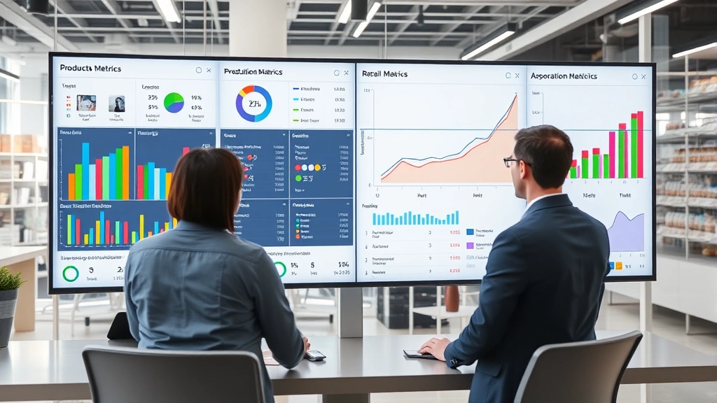 Professional retail analytics dashboard displaying colorful product relationship matrices, lift values, and association metrics with business professionals reviewing data on large monitors in modern office setting
