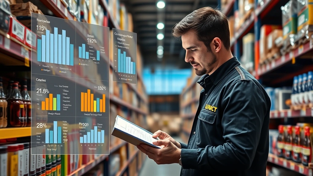 Warehouse manager examining inventory shelves strategically organized by product relationships and complementary items, with data visualization overlays showing customer purchase patterns and product affinity clusters
