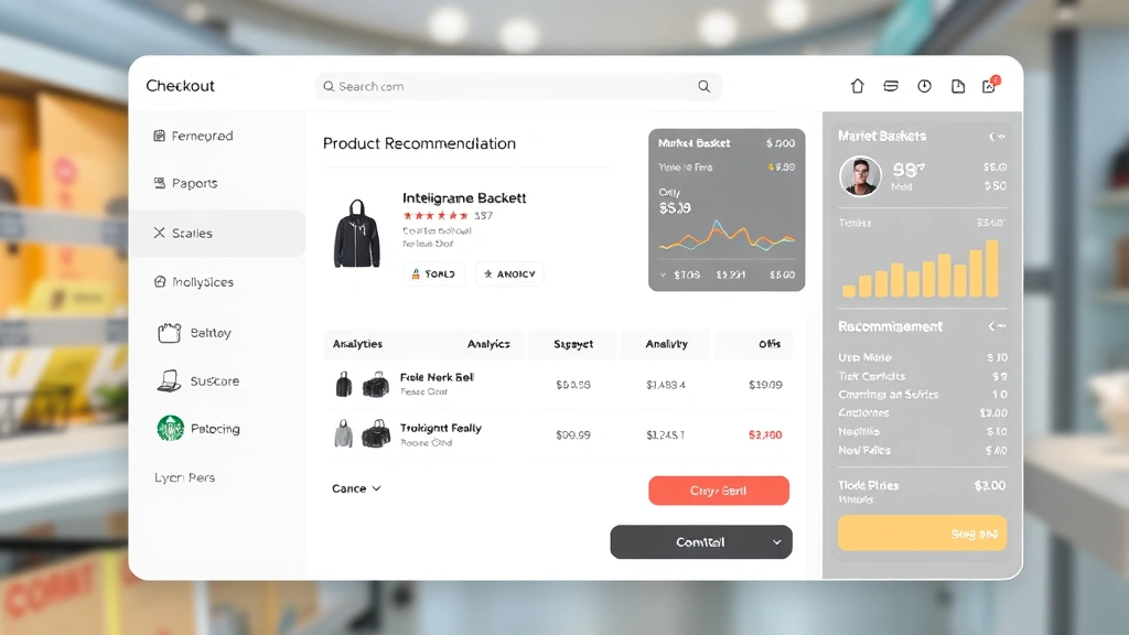 E-commerce checkout interface highlighting intelligent product recommendation engine suggesting complementary items to customer, with backend analytics visualization showing market basket insights and cross-sell opportunities