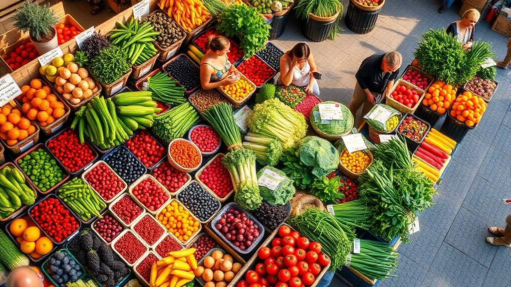 Overhead shot of vibrant farmers market stall with colorful fresh vegetables, berries, and produce arranged professionally, customers browsing, morning sunlight, organic abundance visible