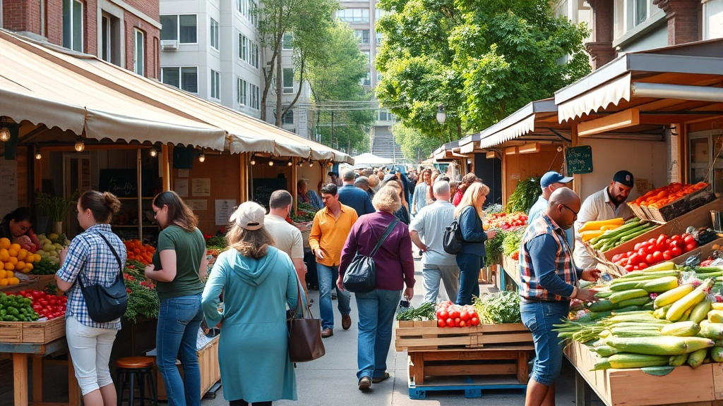 Busy farmers market scene with diverse vendors at wooden stalls, customers examining fresh produce, farmers interacting with shoppers, urban street setting, community engagement atmosphere