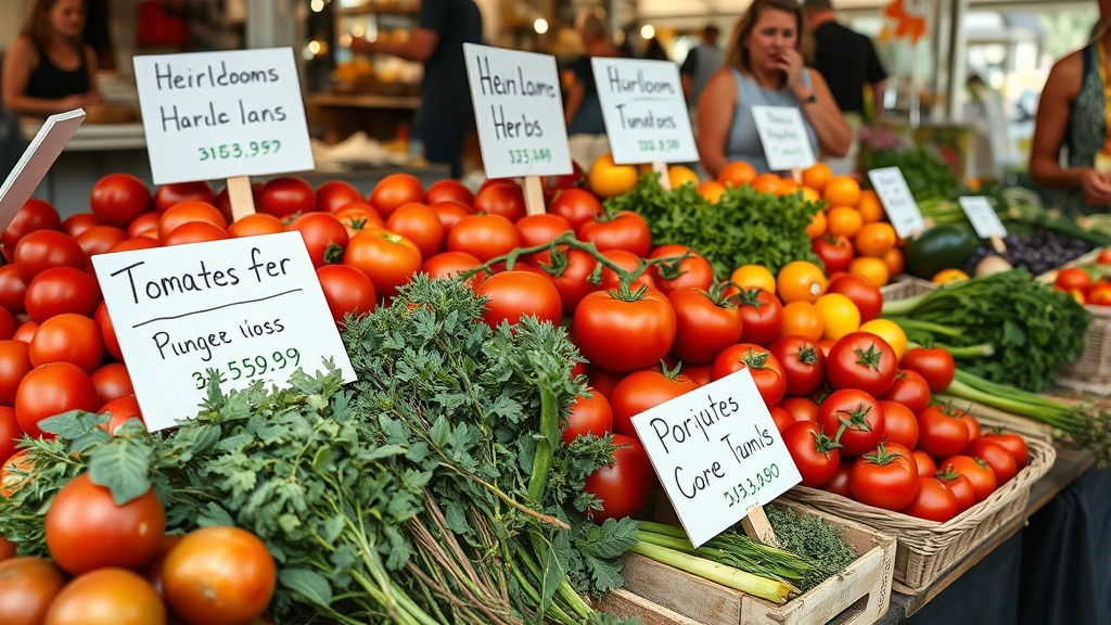Close-up of farmers market vendor displaying heirloom tomatoes, herbs, and specialty vegetables with hand-written price signs, customer interaction, natural daylight, quality produce focus