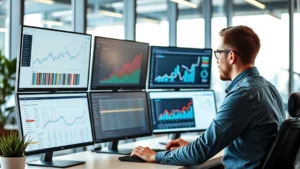 Professional e-commerce marketer analyzing customer data on multiple computer monitors in modern office, showing conversion metrics, charts, and analytics dashboards with upward trending lines