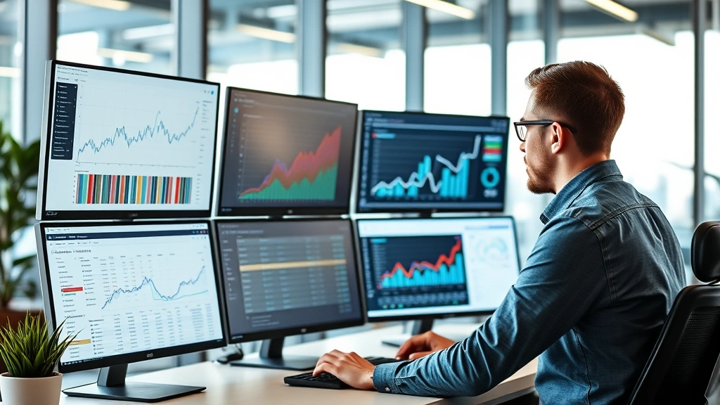 Professional e-commerce marketer analyzing customer data on multiple computer monitors in modern office, showing conversion metrics, charts, and analytics dashboards with upward trending lines