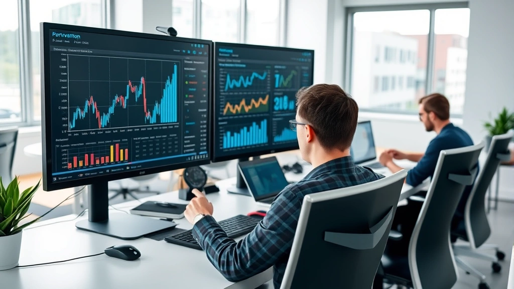 Professional marketer analyzing conversion metrics on multiple computer screens in modern office environment with team collaborating in background on marketing strategy