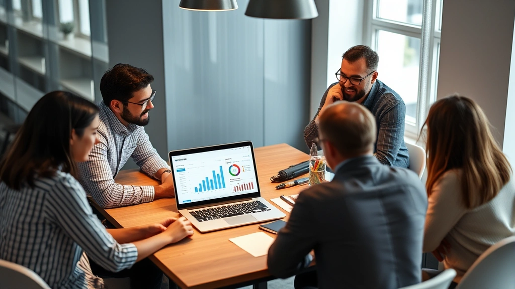 Team of e-commerce professionals collaborating around table with laptop displaying analytics dashboard and growth charts, reviewing marketing performance metrics