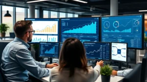 Professional business team analyzing market data on multiple monitors with growth charts and analytics dashboards visible, modern office environment with collaborative atmosphere