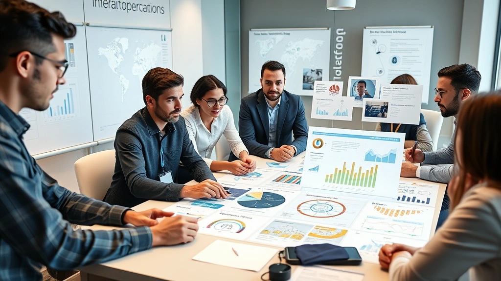 Diverse group of entrepreneurs and startup founders brainstorming around conference table with digital innovation visualizations and market opportunity frameworks displayed