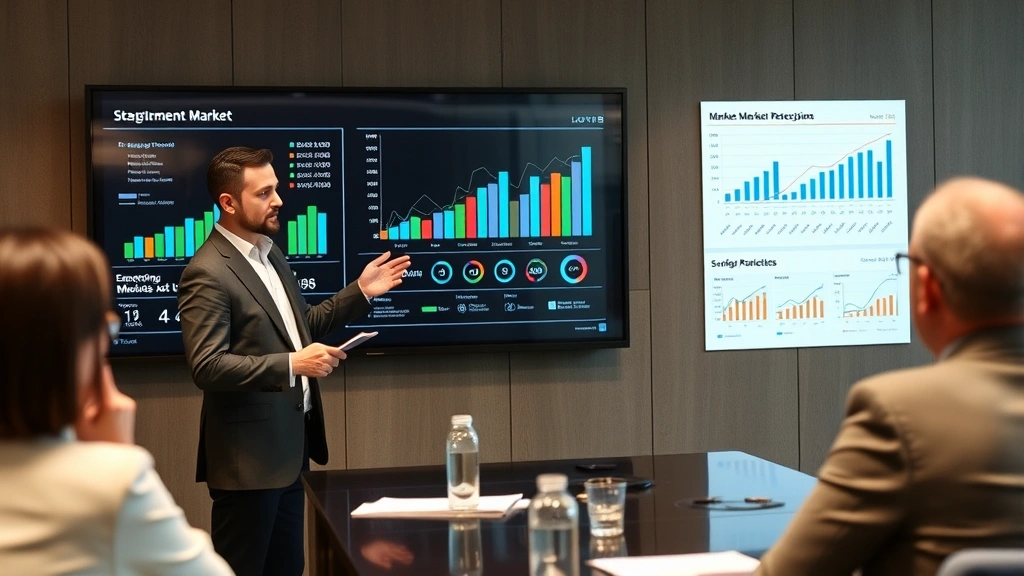 Executive presenting strategic market analysis to board members using interactive data visualization displays showing market trends, competitive positioning, and growth projections