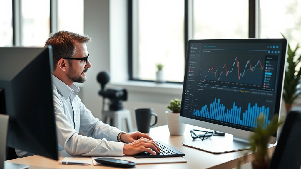 Professional financial advisor reviewing investment portfolio on computer screen with charts and graphs visible, modern office setting with natural lighting