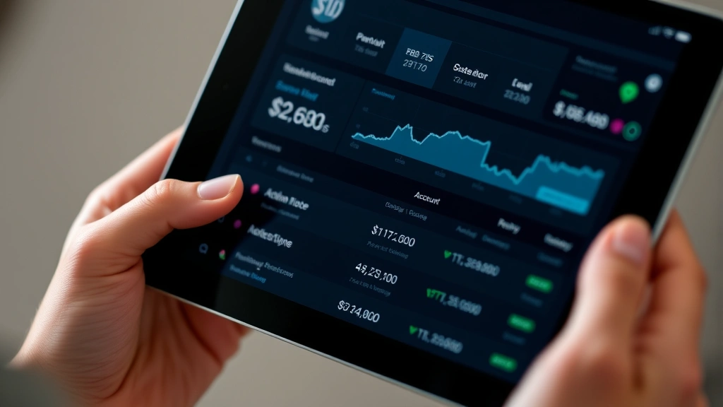 Close-up of digital banking dashboard showing account balances and transaction history on tablet device, hands holding tablet, neutral background