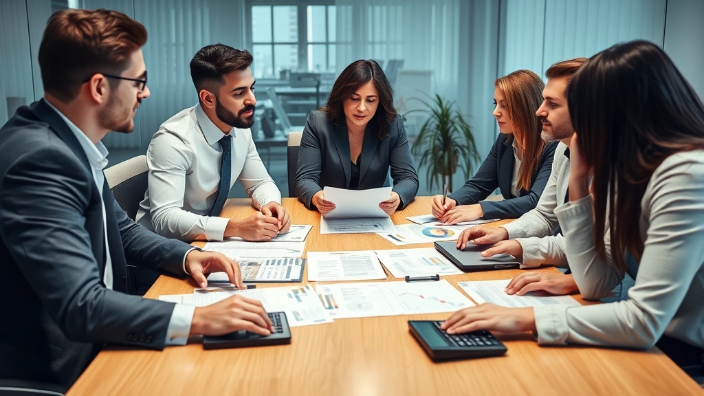 Diverse group of professionals in business meeting discussing financial strategy around conference table with financial documents and calculator visible